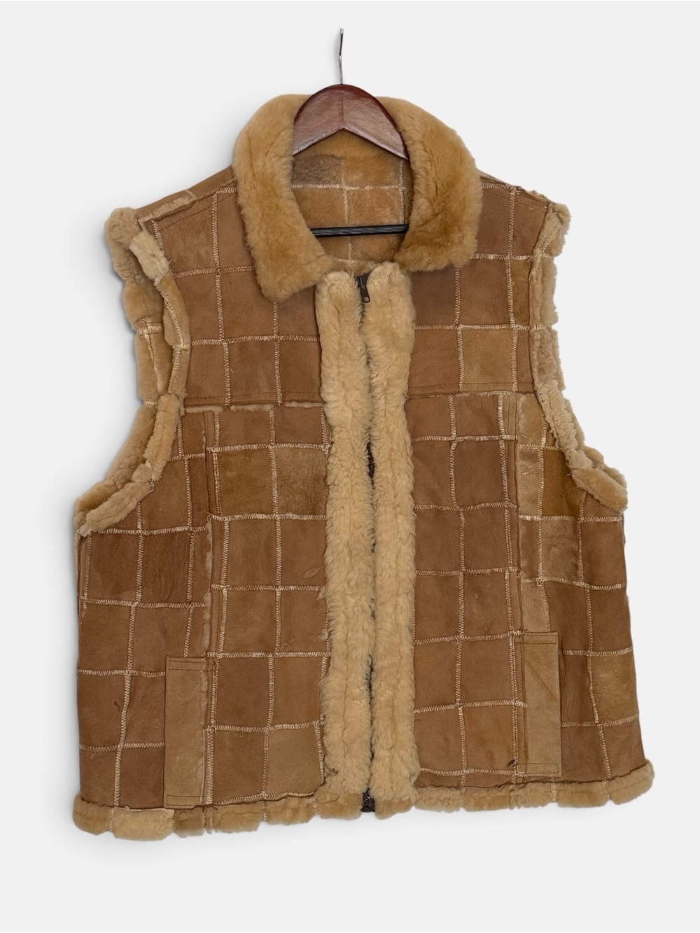 Vintage 70s Men's Lambskin & Suede Patchwork Boho Vest-50 XL made in Mexico